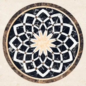 GRESIE DECOR ALDO SPHERE - 120X120 cm, portelanata, rectificata, piesă decorativă de impact, cu finisaj super lucios High-Glossy, cu design simetric elegant, in nuante de bej, alb, negru marmorat și maro, ideală pentru accente de lux în spații interioare.