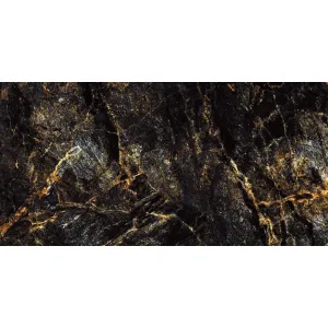 GRESIE MIRAGE GOLD HG - 60X120 cm, porțelanată, în nuanțe de negru intens cu nervuri aurii și reflexe spectaculoase, aspect luxos de piatră naturală, finisaj super lucios high glossy, ideală pentru spații interioare elegante.