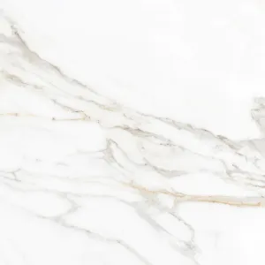 GRESIE GOLD CALACATTA - 120X120 cm, porțelanată, în nuanțe de alb intens cu vene gri-aurii fine, aspect elegant de marmură naturală, finisaj super lucios high glossy, ideală pentru interioare luxoase și luminoase.