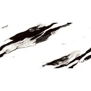 GRESIE WHITE PANDA HG ENDLESS - 60X120 cm, porțelanată, albă cu nervuri negre contrastante, aspect luxos de marmură Panda, finisaj super lucios high glossy, ideală pentru interioare sofisticate.