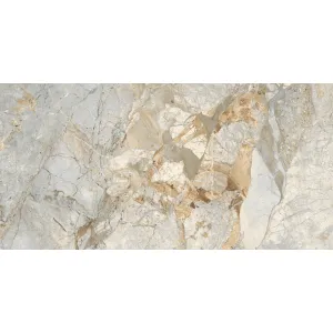 GRESIE BRECCIA EON - 60X120 cm, porțelanată, în nuanțe de gri și bej cu vene aurii și maronii, cu aspect elegant de marmură naturală, finisaj lucios, potrivită pentru interior.