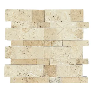 MOZAIC MINI PANEL DIN TRAVERTIN CLASIC - 28.4X29.6 cm, grosime variabila 1.5-1.8 cm, cu finisaj Split Face, montat pe plasă, suprafață neregulată, bej-crem, design tridimensional, ideal pentru pereți decorativi interiori sau exteriori, oferind un aspect natural și autentic.