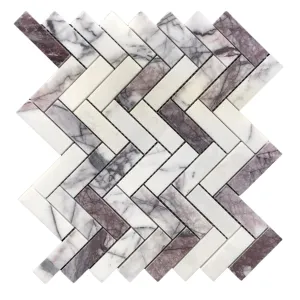 MOZAIC DIN MARMURA LILAC SPIC - 28.3X32.5X1 cm, model spic (herringbone), alb elegant cu venaturi și tonuri liliachii și violet, finisaj polisat, lucios, ideal pentru accente elegante în spații interioare.