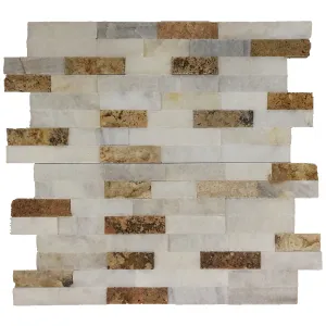 PANEL MARMURA WHITE-SCABAS - 15.2X61 cm, grosime variabila 1.5-1.8 cm, finisaj split face, scapitat, mix culoare alb si maro travertin, ideal pentru placări interioare și exterioare.