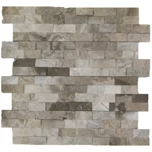 PANEL MARMURA NOVO GREY - 15.2X61 cm, grosime variabila 1.5-1.8 cm, plăci naturale cu finisaj splitface, montate pe plasă, ideale pentru decorarea pereților interiori și exteriori, în tonuri elegante de gri.
