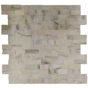 PANEL MARMURA PEARL GREEN - 15.2X61 cm, grosime variabila 1.5-1.8 cm, placaj decorativ din marmură naturală, montat pe plasă, cu finisaj splitface, în nuanțe de alb cu insertii discrete de verde perlat, ideal pentru pereți interiori și exteriori.