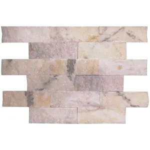 MARMURA RAINBOW - 5X15 cm, grosime variabila variabilă de 1.2-1.5 cm, finisaj scapitat, multicolor, ideal pentru placări de perete interioare și exterioare, nuanțe variate de alb, crem, galben, roz și gri, cu efect vizual strălucitor.