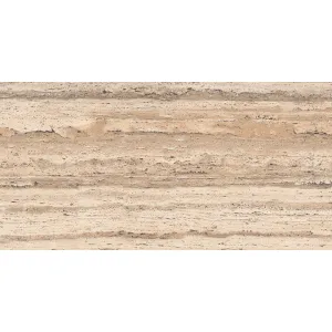 GRESIE WOOD TRAVERTINE CARVING - 60X120 cm, porțelanată, finisaj mat cu efect carving, aspect travertin natural in nuante calde de bej si maro, pentru interior și exterior.
