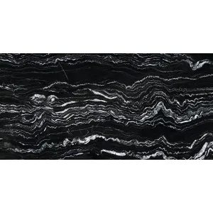 GRESIE ALBANIA BLACK - 60X120 cm, porțelanată, finisaj super lucios high glossy, aspect marmura negru cu vene albe, pentru interioare elegante și sofisticate.