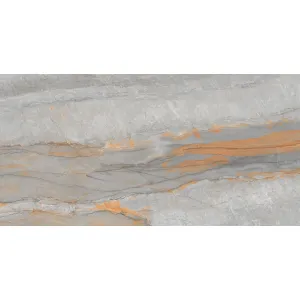 GRESIE ELECTRA GREY - 60X120 cm, porțelanată, finisaj lucios, aspect natural de marmura gri cu vene arămii spectaculoase, pentru interioare și exterioare de impact.