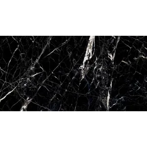 GRESIE HG GOLDEN WHITE - 60X120 cm, porțelanată, super lucioasă high glossy, cu aspect de marmură neagră și vene albe-aurii, ideală pentru interioare elegante.