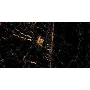 GRESIE HG GOLDEN BLACK - 60X120 cm, porțelanată, finisaj super lucios high glossy, aspect de marmura negru intens cu vene aurii, ideală pentru spații elegante și sofisticate.