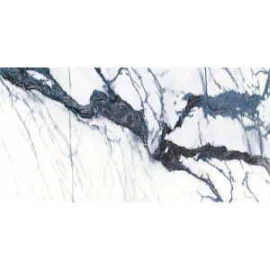 GRESIE VN SOLARIS BLUE - 60X120 cm, porțelanată, super lucioasă high glossy, aspect de marmura alba cu vene albastre-gri, ideală pentru interioare sofisticate.