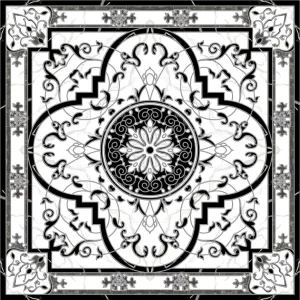 COVOR CERAMIC FC-66PBP36-2104 (4 PLACI) - 120X120 cm, model baroc în alb-negru cu accente gri, compus din 4 plăci portelanate glazurate elegante, ideal pentru spații sofisticate.
