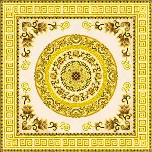 COVOR CERAMIC B11166 (4 PLACI) - 120X120 cm, design oriental elegant cu motiv central circular și chenar geometric, în nuanțe de auriu și crem, compus din 4 plăci portelanate glazurate.
