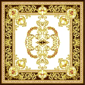 COVOR CERAMIC B11169 (4 PLACI) - 120X120 cm, format din 4 plăci portelanate glazurate, cu design baroc în nuanțe aurii, roșu și maro, deal pentru decoruri clasice sau luxoase.