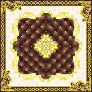 COVOR CERAMIC B10943 (4 PLACI) - 120X120 cm, cu aspect texturat tip tapițerie și model baroc central auriu, realizat din 4 plăci portelanate glazurate, potrivit pentru interioare elegante.