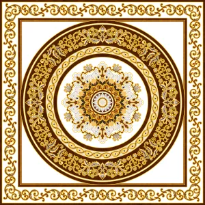 COVOR CERAMIC B11170 (4 PLACI) - 120X120 cm, cu design simetric în cercuri concentrice și ornamente aurii, realizat din 4 plăci portelanate glazurate, eleganță și echilibru în centrul casei tale.