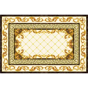 COVOR CERAMIC B11172 (6 PLACI) - 120X180 cm, model geometric și baroc cu accente aurii și fundal crem, format din 6 plăci portelanate glazurate, eleganță clasică pentru spații rafinate.