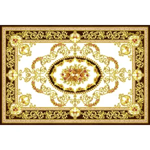 COVOR CERAMIC B11173 (6 PLACI) - 120X180 cm, model floral baroc cu accente aurii și fundal alb, format din 6 plăci portelanate glazurate, lux și rafinament pentru interioare clasice.