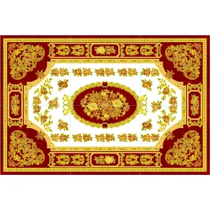 COVOR CERAMIC B11174 (6 PLACI) - 120X180 cm, design floral în tonuri aurii pe fundal roșu intens, format din 6 plăci portelanate glazurate, un accent regal pentru interioare clasice.
