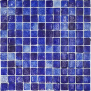 MOZAIC DIN STICLA H103 (chip 2.5x2.5) - 31.5X31.5 cm, nuanțe de albastru intens, finisaj lucios, ideal pentru piscine, băi și spații umede, interior sau exterior.