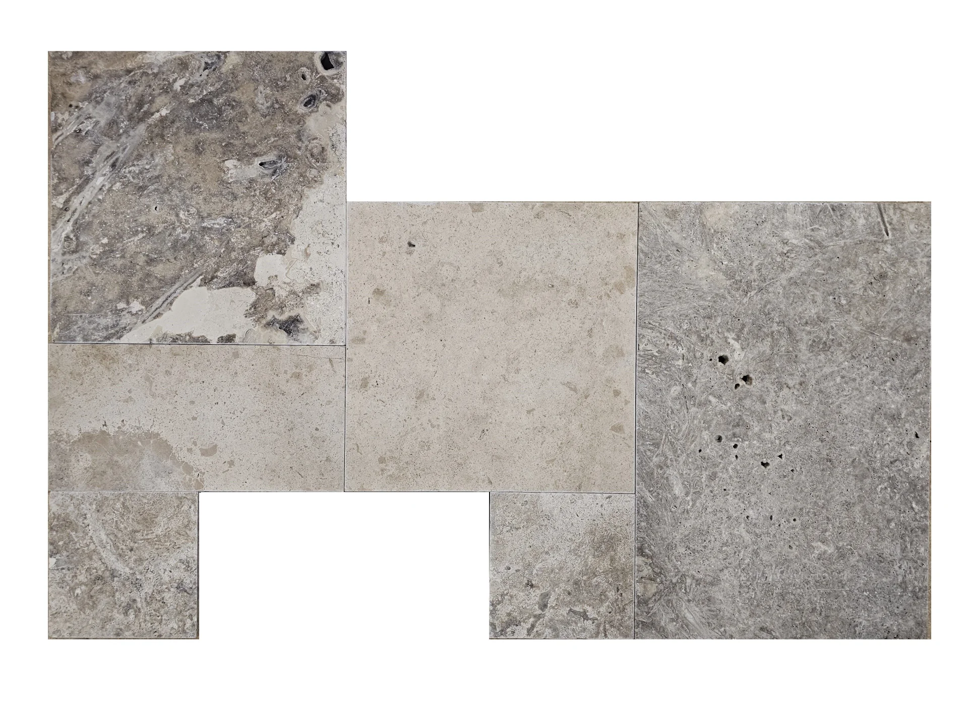 TRAVERTIN COLOR MIX FP -1.2 cm, French Pattern, set modular format din 6 plăci de dimensiuni diferite, grosime 1.2 cm, finisaj tumbled și nechituit, în tonuri mixte de gri, crem și bej, ideal pentru pardoseli naturale cu design variat și rustic-elegant.