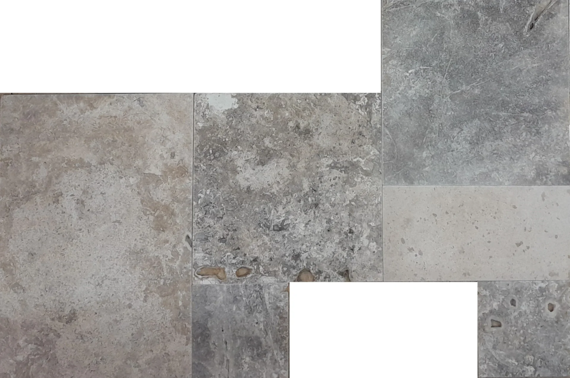 TRAVERTIN COLOR MIX FP -1.2 cm, French Pattern, set modular format din 6 plăci de dimensiuni diferite, grosime 1.2 cm, finisaj tumbled și nechituit, în tonuri mixte de gri, crem și bej, ideal pentru pardoseli naturale cu design variat și rustic-elegant.