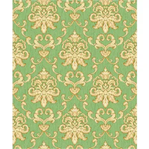 Tapet THERESA GK 3158 – 53x1000 cm (5.3 m²/ rola), PVC, lavabil, model damasc clasic elegant, în nuanțe de verde și auriu. 