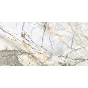 GRESIE 105 MAJESTIC NATURAL - 60X120 cm, porțelanată vitrificată, lucioasă, rectificată, aspect de marmura naturala cu bază gri și vene aurii-grafit, pentru interioare și exterioare elegante.