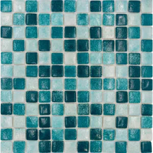 MOZAIC DIN STICLA TURQUOISE MIX - 31.5X31.5 cm, cu nuanțe marine de albastru și turcoaz, finisaj lucios, ideal pentru băi, piscine sau decoruri interioare/exterioare moderne.