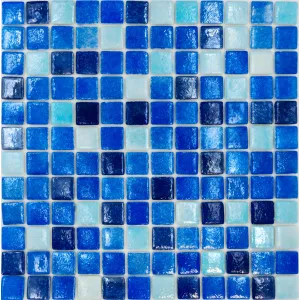 MOZAIC DIN STICLA BLUE MIX - 31.5X31.5 cm, în nuanțe intense de albastru, finisaj lucios, ideal pentru piscine, băi sau spații decorative interioare și exterioare.