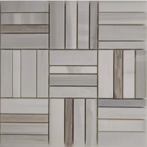 MOZAIC DIN MARMURA METRO MIX - 30.5X30.5 cm, cu finisaj lucios polisat și model geometric elegant, in nuante de alb, gri si tonuri naturale variate, ideal pentru spații moderne și rafinate.