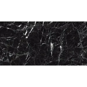 GRESIE NEW HG BLACK EMPERADOR - 60X120 cm, porțelanată, super lucioasă high glossy, aspect de marmura negru intens cu nervuri albe, recomandată pentru interioare elegante.