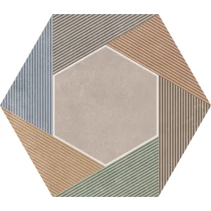GRESIE HEXAGON ARTICA DÉCOR - 21.5x25 cm, portelanată, glazurată, nerectificata și mată, ideală pentru interior și exterior. Design geometric multicolor pentru spații creative și moderne.