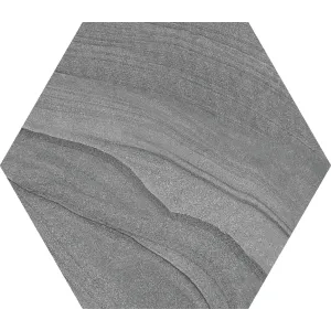 GRESIE HEXAGON BRONZE GRAY - 21.5X25 cm, portelanată, glazurată, nerectificata, mată, în nuanțe elegante de gri grafit cu textură inspirată din piatră naturală. Potrivită pentru utilizare la interior și exterior.
