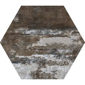 GRESIE HEXAGON CONTRA - 21.5X25 cm, portelanată, glazurată, nerectificata, mată, în nuanțe intense de maro-ruginiu cu efecte decorative abstracte. Recomandată pentru interior și exterior.