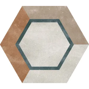 GRESIE HEXAGON HEXA FUSSION DECOR - 21.5X25cm, portelanată, glazurata, nerectificata, mata, multicoloră, cu model geometric variat, ideală pentru spații interioare și exterioare