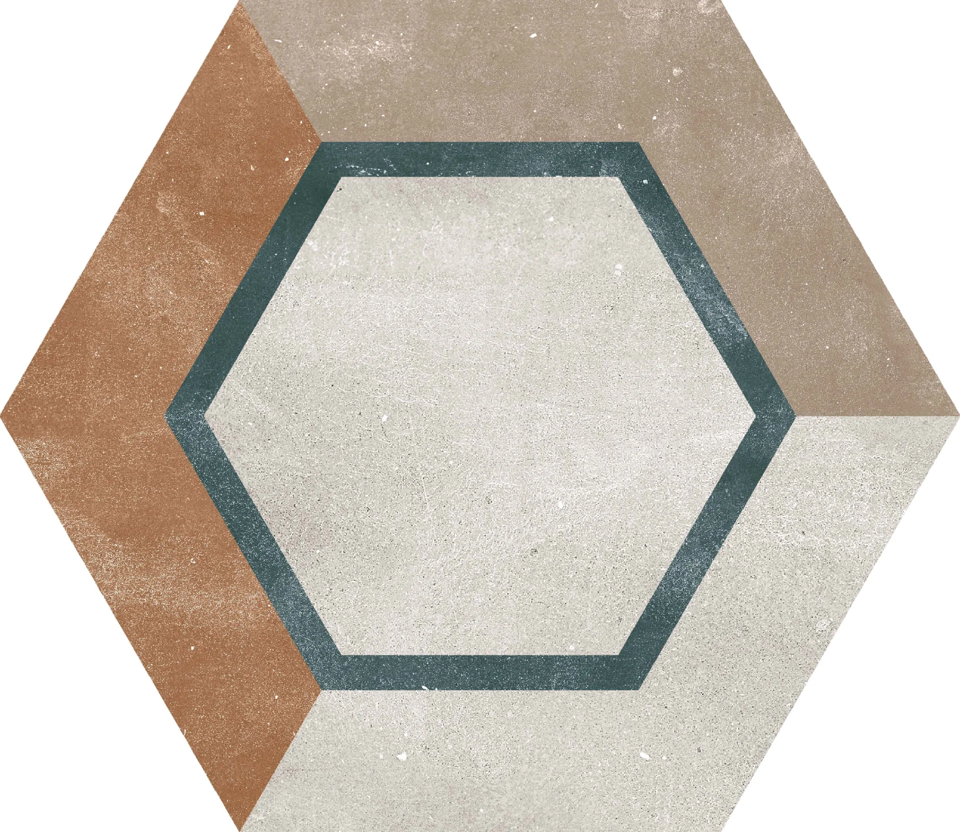 GRESIE HEXAGON HEXA FUSSION DECOR - 21.5X25cm, portelanată, glazurata, nerectificata, mata, multicoloră, cu model geometric variat, ideală pentru spații interioare și exterioare
