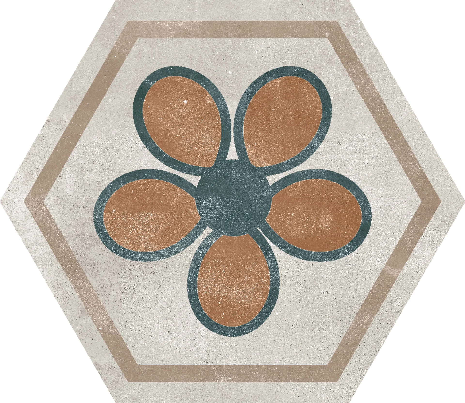 GRESIE HEXAGON HEXA FUSSION DECOR - 21.5X25cm, portelanată, glazurata, nerectificata, mata, multicoloră, cu model geometric variat, ideală pentru spații interioare și exterioare