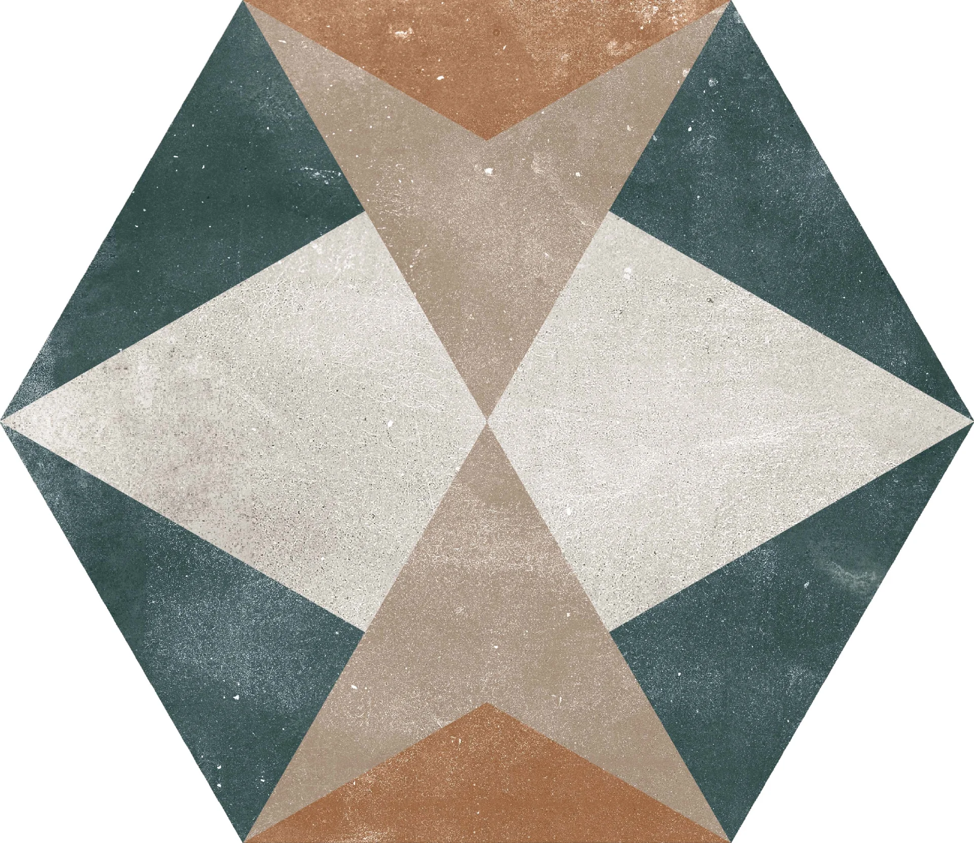 GRESIE HEXAGON HEXA FUSSION DECOR - 21.5X25cm, portelanată, glazurata, nerectificata, mata, multicoloră, cu model geometric variat, ideală pentru spații interioare și exterioare