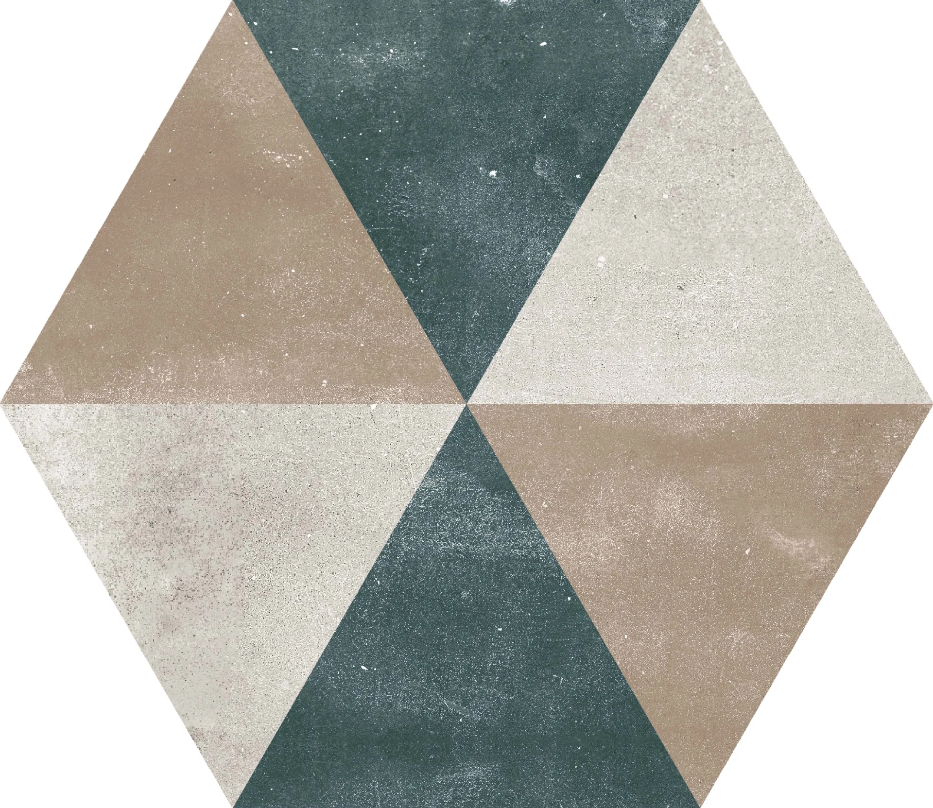 GRESIE HEXAGON HEXA FUSSION DECOR - 21.5X25cm, portelanată, glazurata, nerectificata, mata, multicoloră, cu model geometric variat, ideală pentru spații interioare și exterioare