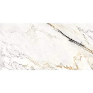 GRESIE CALDIA WHITE - 59.5X119.3 cm, porțelanată, glazurata, aspect de marmură albă cu vene gri și aurii, finisaj mat elegant, ideală pentru interioare sofisticate și moderne.