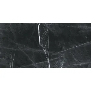 GRESIE GAIA BLACK - 59.5X119.3 cm, porțelanată, glazurata, aspect de marmură neagră cu vene albe elegante, finisaj mat rectificat, ideală pentru spații moderne și rafinate.