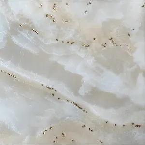 GRESIE T60194G-SH - 60X60 cm, porțelanată, lucioasă, în nuanțe de alb-crem cu aspect translucid de onix și inserții aurii delicate, rectificată și finisată premium pentru interioare elegante.