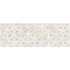 FAIANTA ORLEANS BIANCO DÉCOR-1 - 30X90 cm, ceramica glazurata, rectificata, aduce un plus de rafinament cu modelul său geometric în relief, finisaj lucios și nuanțe calde de bej-alb, ideal pentru spații interioare elegante.