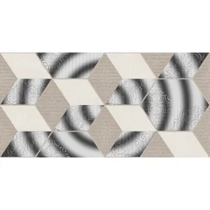 FAIANTA BRITO HL1 31002 GLM1 - 30X60 cm, ceramica glazurată, rectificată, cu model unitar geometric și accente metalice, într-o combinație de tonuri crem și gri cu efecte grafice decorative, cu finisaj mat, recomandată pentru placarea pereților interiori.