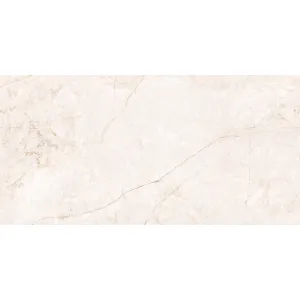 GRESIE FANTASTIC BIANCO ENDLESS - 60X120 cm, portelanată, glazurata, rectificata, suprafata lucioasă, aspect marmura alb crem cu vene subtile bej-aurii, model endless, ideală pentru interioare elegante.