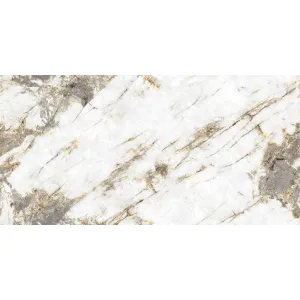 GRESIE PROTO GOLD - 60X120 cm, porțelanată, impresionează prin designul său sofisticat, inspirat de marmura albă cu inserții aurii și gri, având un finisaj lucios ce adaugă eleganță oricărui spațiu interior sau exterior.