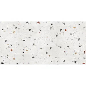 GRESIE TERRAZO WHITE - 60X120 cm, porțelanată, alb cu pete colorate, mată cu efect carving, rectificată, pentru interior și exterior.